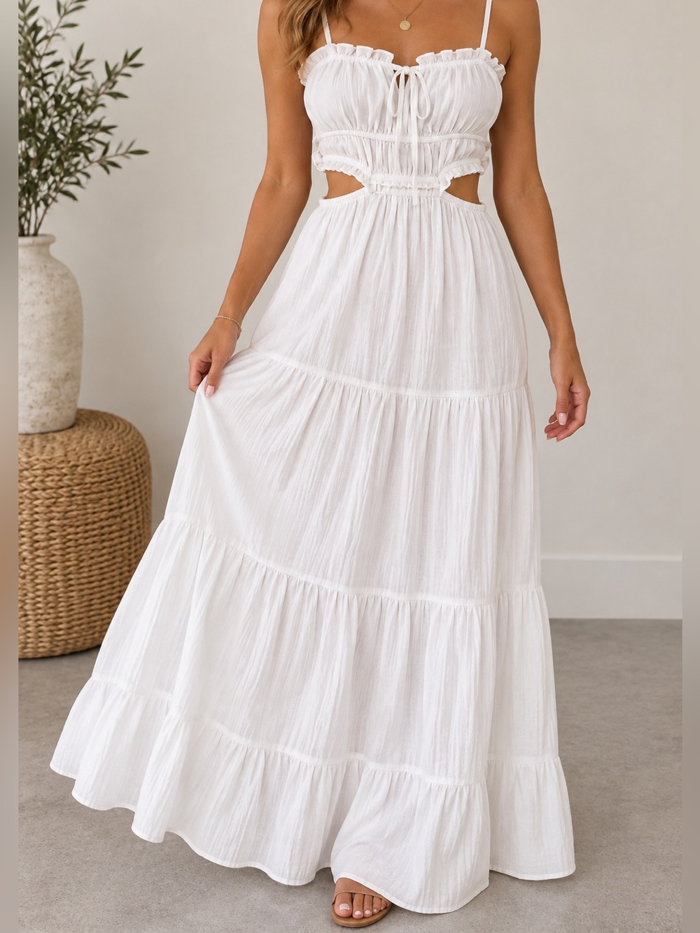 12th Tribe White Maxi Dress M Cutout Tiered Boho Coastal Resort Vacation
